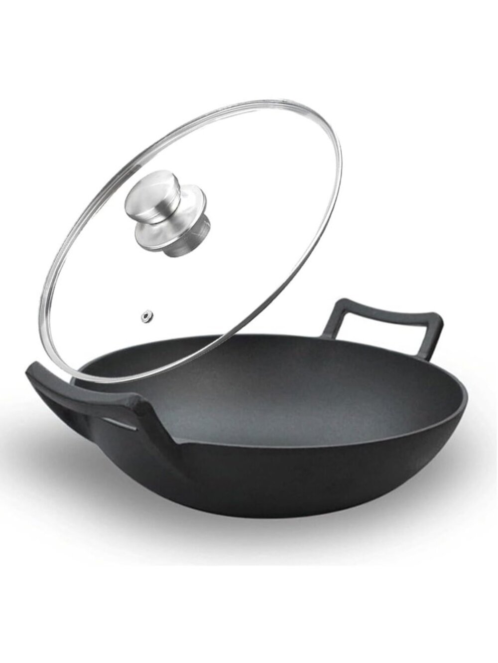 12" Cast Iron Wok with Lid - Versatile Cooking, Durable, Non-Stick Surface